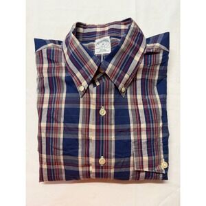 Brooks Brothers 346 Mens Slim Fit Non-Iron Plaid Button Down Shirt Navy Red M
